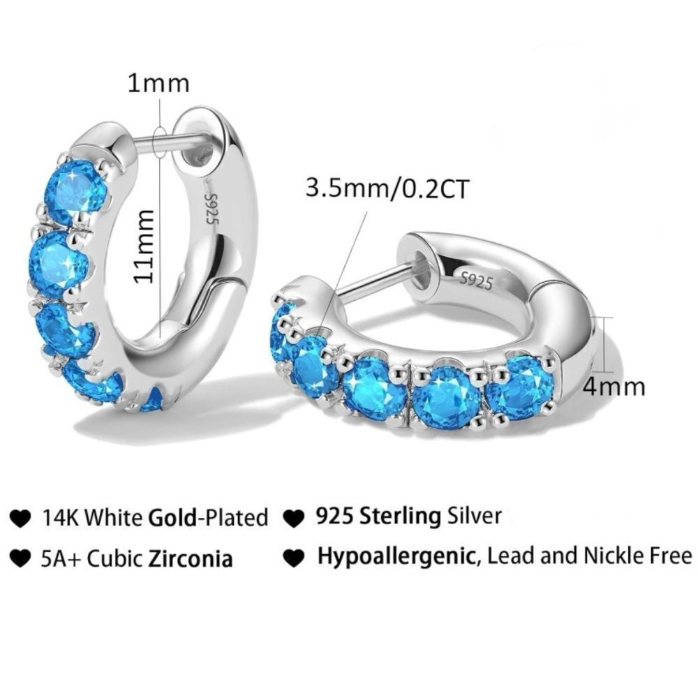 14K White Gold 925 Sterling Silver and Aquamarine Cubic Zirconia Huggie Earrings - Picture 7 of 7